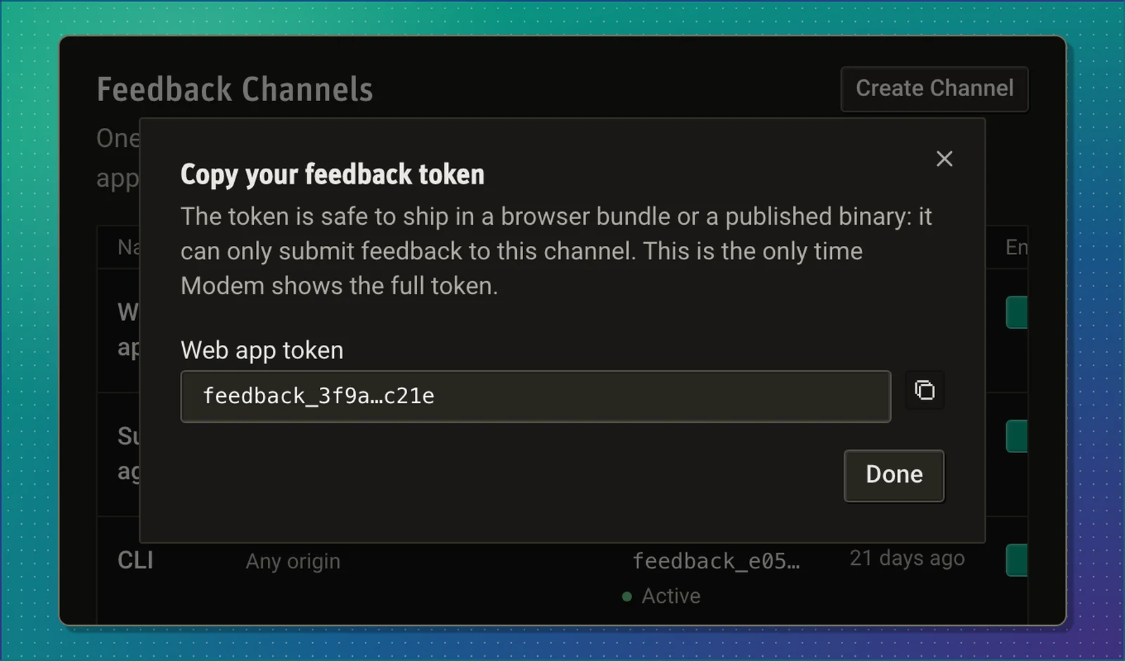 The one-time token dialog after creating a channel, with the token masked and a copy button
