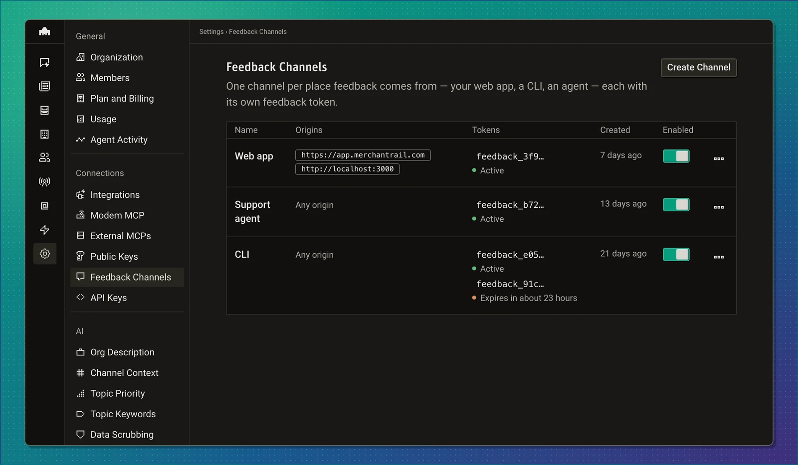The Feedback Channels settings page listing Web app, Support agent, and CLI channels with masked tokens and enabled switches