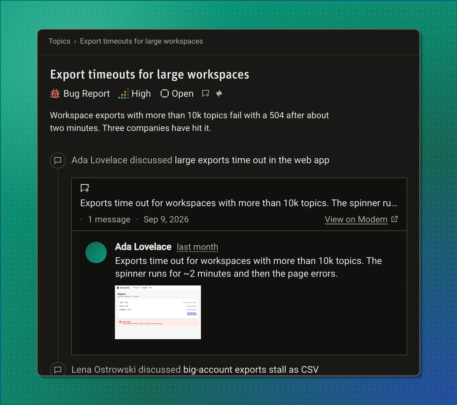 A topic in Modem with a feedback submission in its timeline, including the reporter's message and screenshot