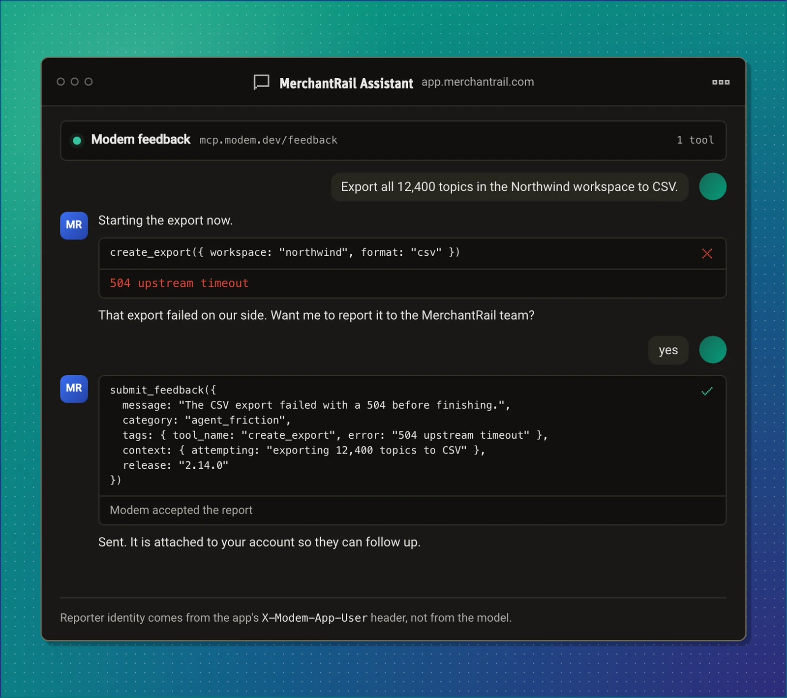 A product's assistant whose export tool failed offering to report it, then calling submit_feedback with the tool name, error, and context after the user agrees
