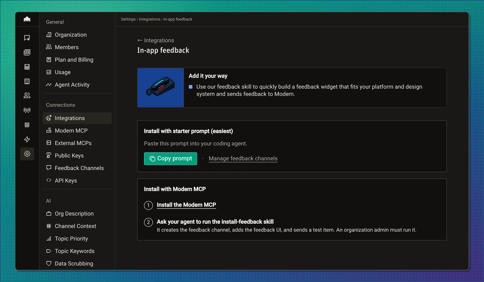 The In-app feedback settings page with a Copy prompt button and the two-step Modem MCP install