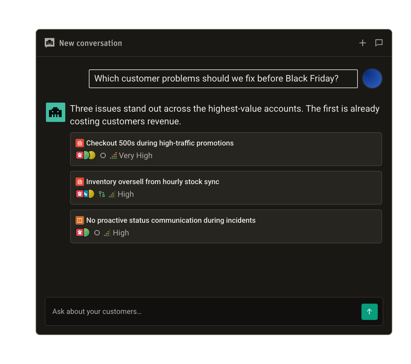 The web agent recommends which customer problems to fix, with rich topic cards and linked evidence.