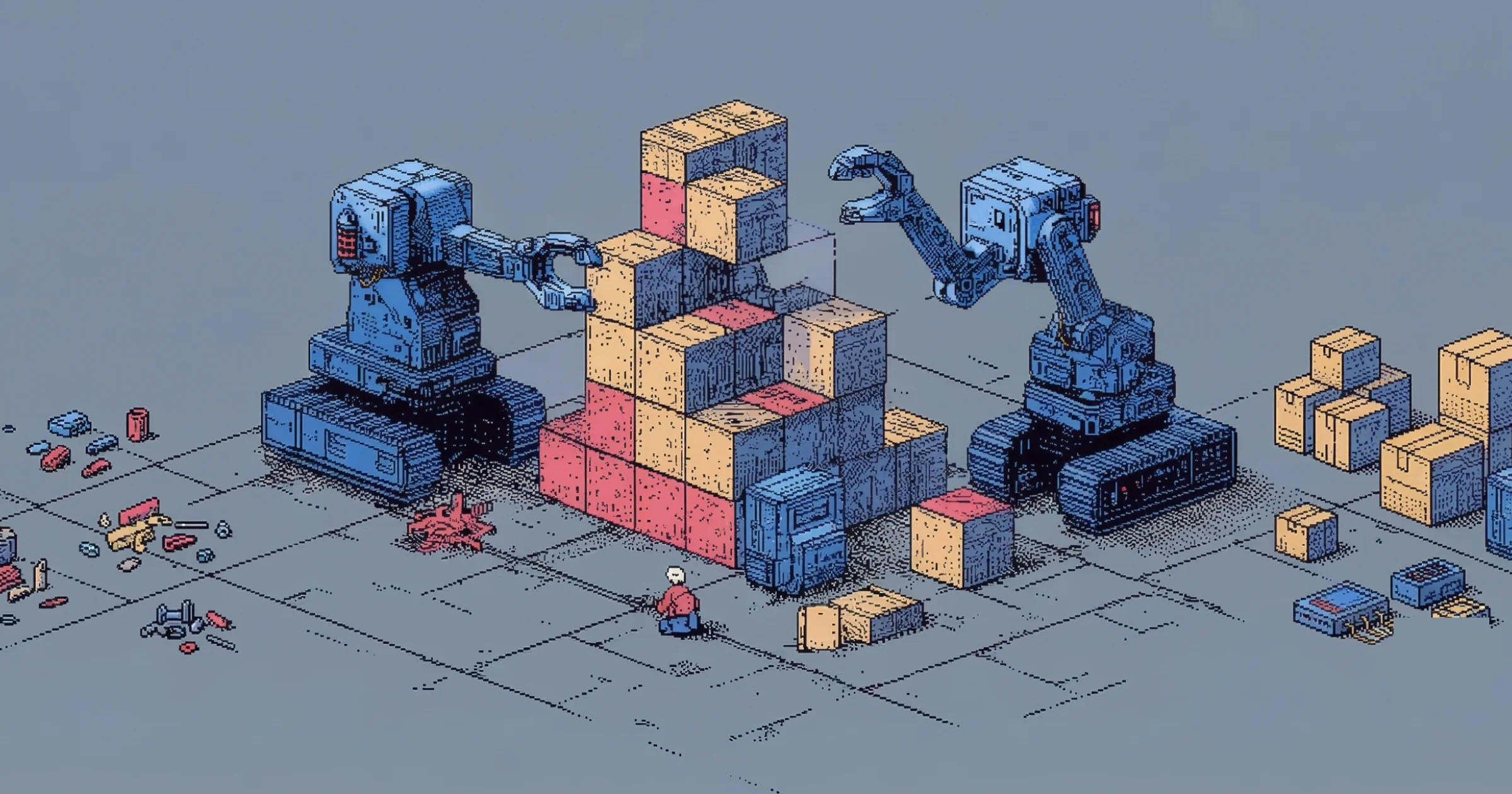 Illustrated robot arms assembling blocks, representing automated workflows
