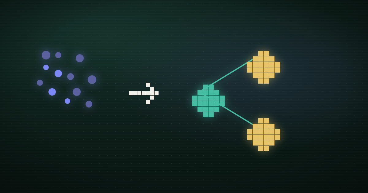 Pixel art of chat bubbles, a magnifying glass, and reaction squares next to a message card, on a dark green background