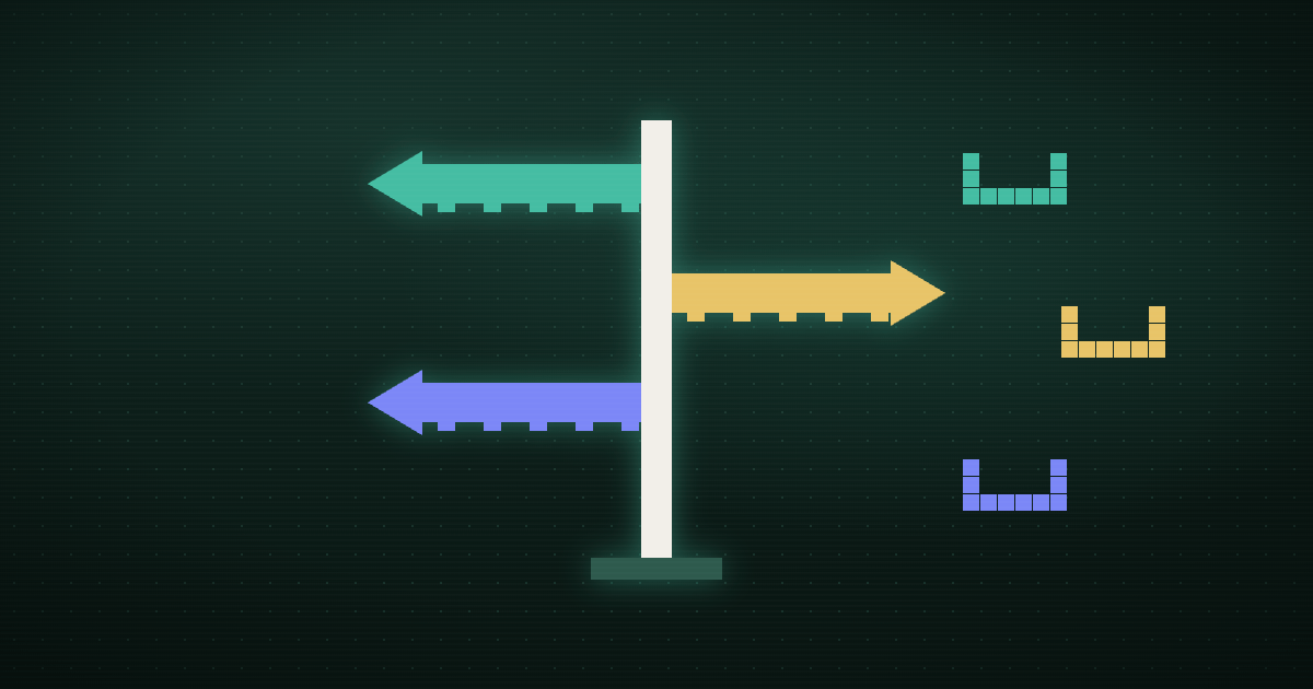 Pixel art of a glowing chooser switch routing between two paths on a dark navy background