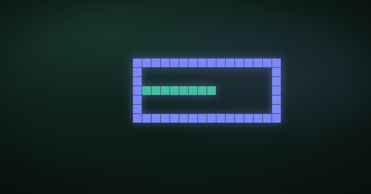 Pixel art of a purple kanban board with one glowing teal row on a dark green background