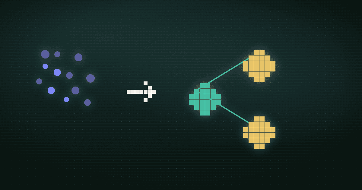 Pixel art of scattered customer dots pointing through an arrow to one issue node linked to two account nodes, on a dark background