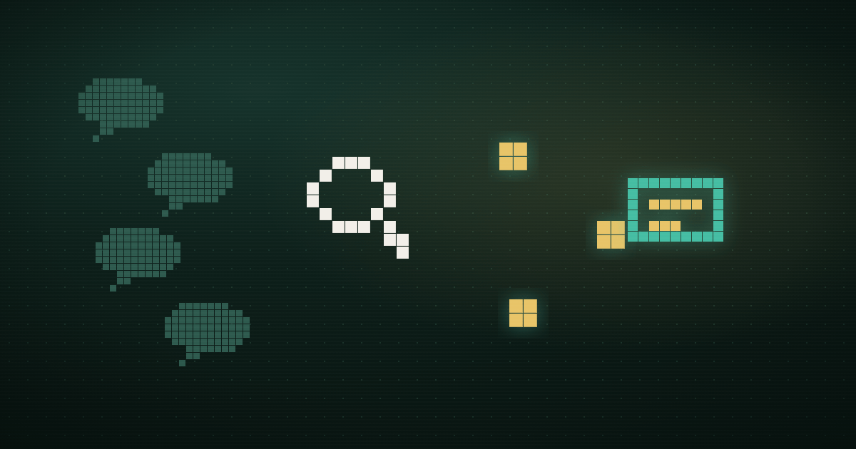 Pixel art of chat bubbles from separate channels, a magnifying glass, and a resolved ticket card