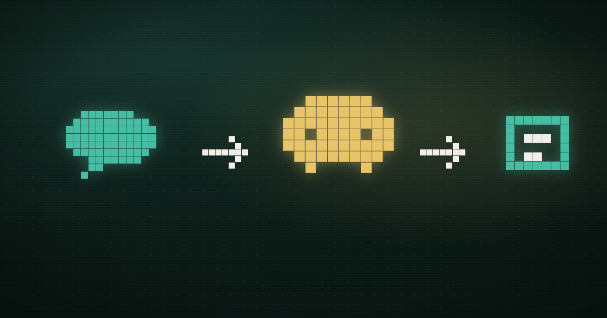 Pixel art of glowing agent nodes passing a task token between them on a dark navy background