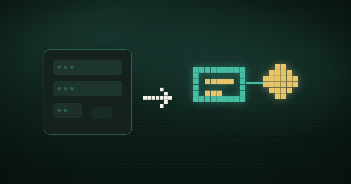 Pixel art of request rows with an arrow into a glowing card linked to a gold cluster on a dark green background