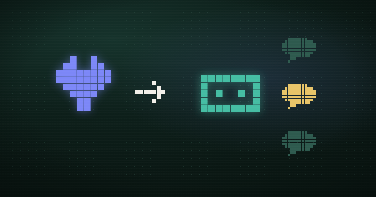 Pixel art of a purple plug, a white arrow, and a teal socket, with three speech bubbles to the right and the middle one yellow
