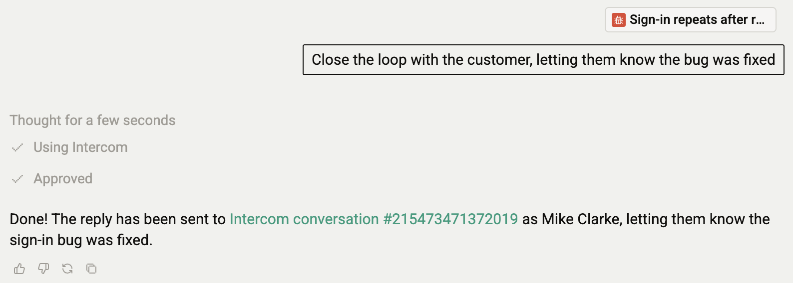 Modem agent sending a reply to an Intercom conversation after user approval