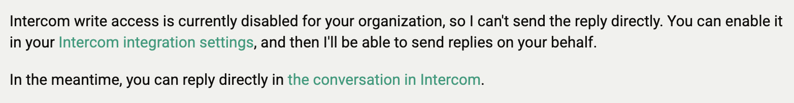 The agent explains that write access is disabled and links to the integration settings to enable it