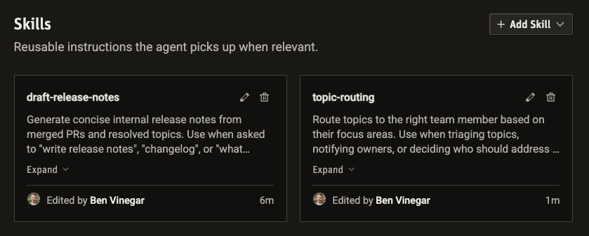 Skills page in Modem settings showing a list of custom skills with descriptions