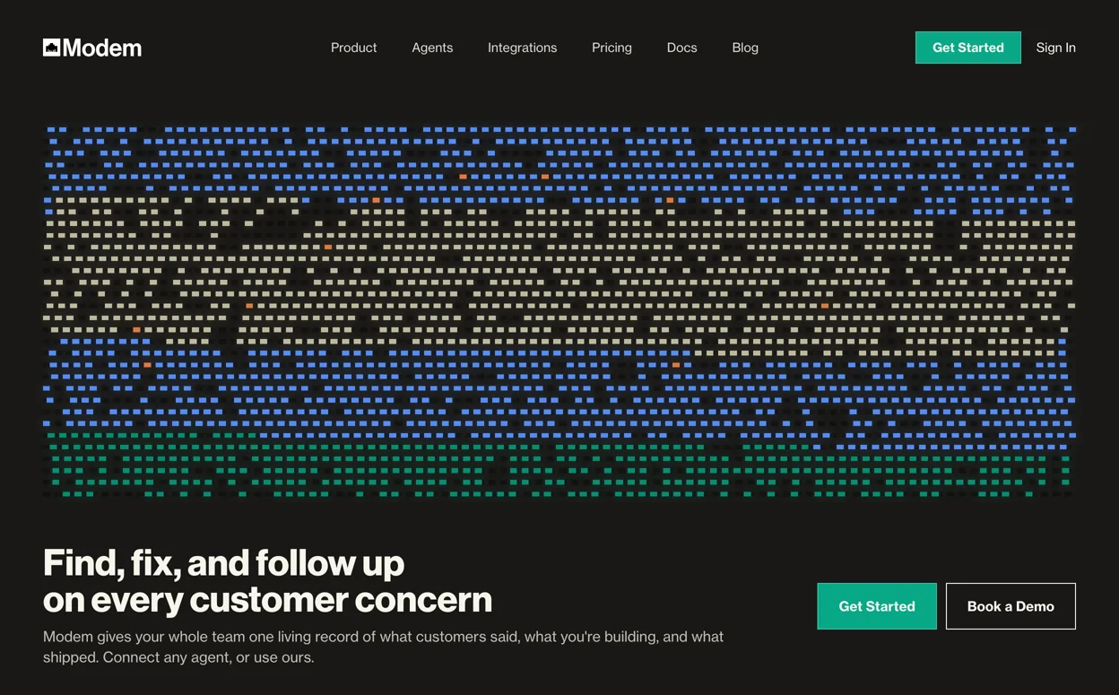The modem.ai homepage: Find, fix, and follow up on every customer concern, under the pixel grid from the hero