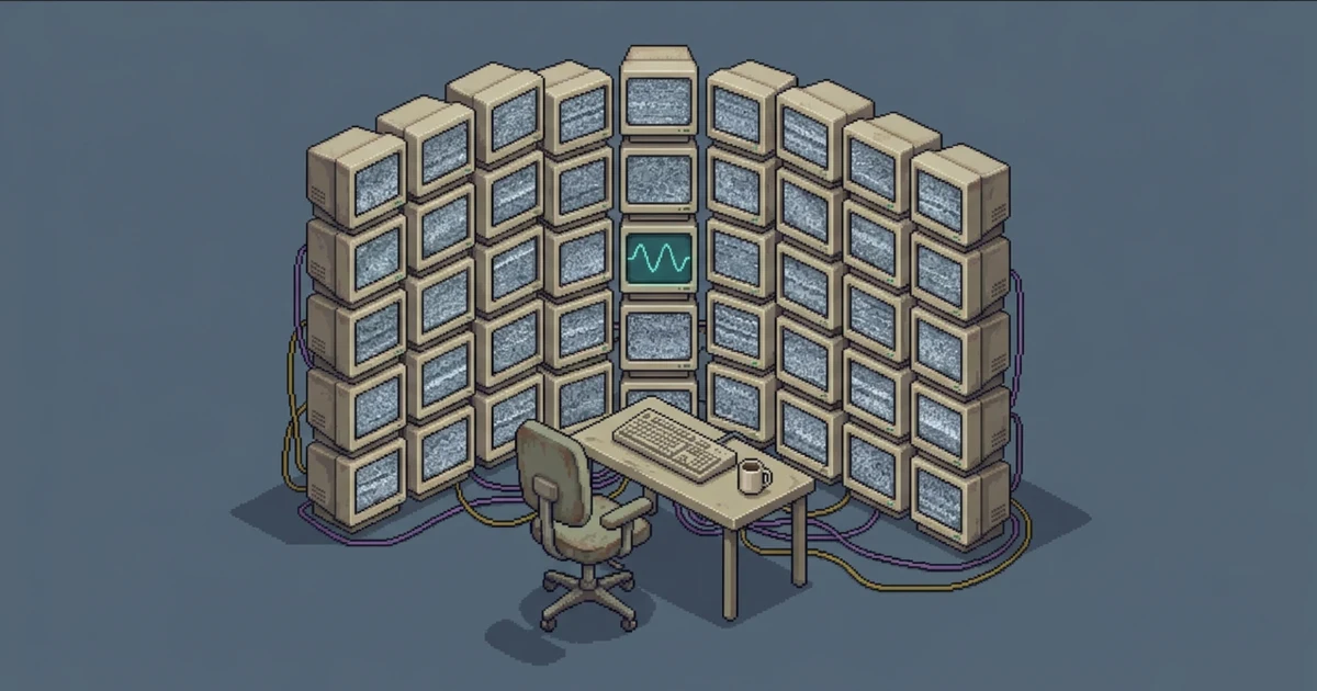 Pixel art of a control room: a curved wall of beige CRT monitors all showing static except one in the center showing a clean teal sine wave, with an empty chair and desk in front